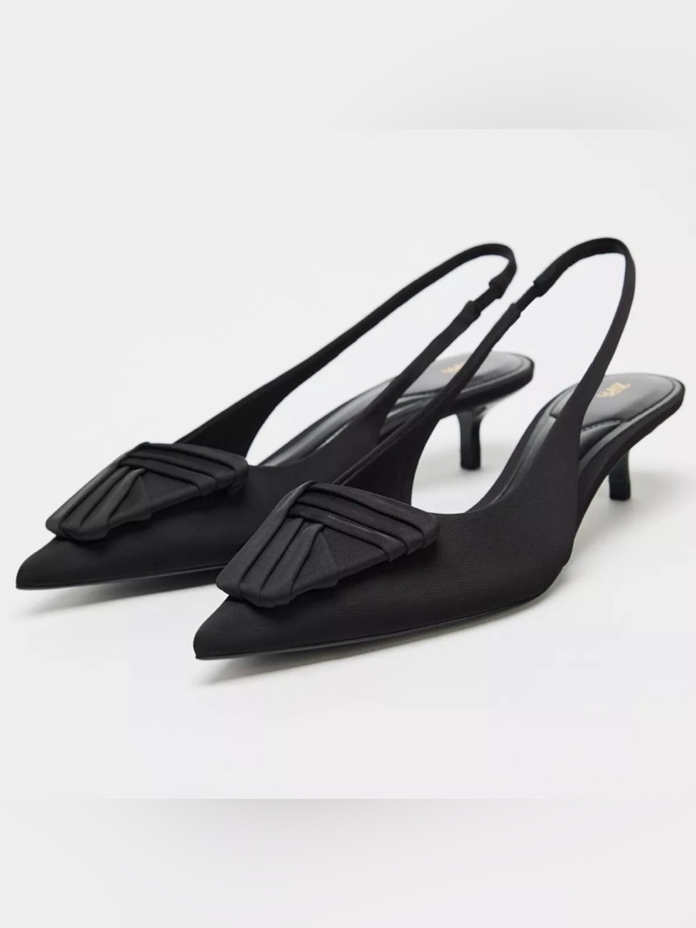 Zara Black Pointed-Toe Slingback Kitten Heels with Pleated Accent